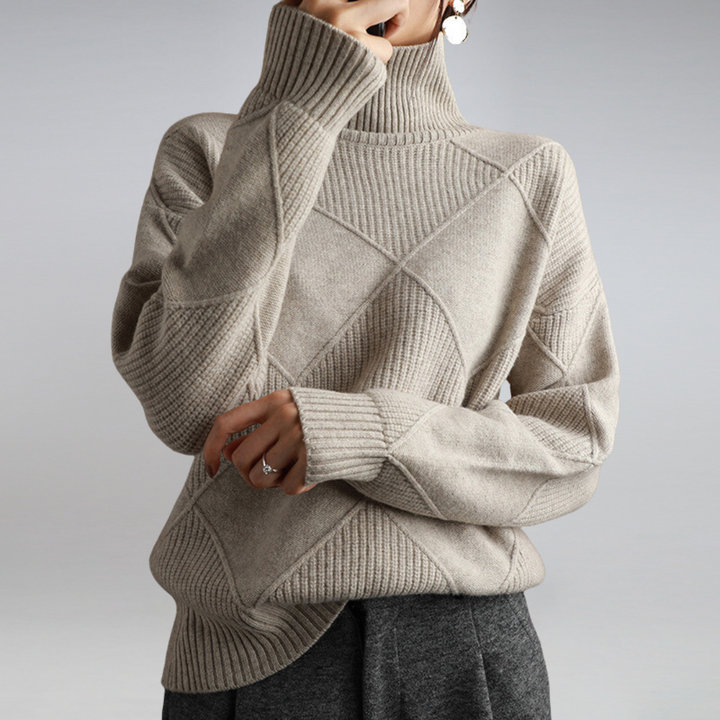 Damen Rollkragenpullover beige, Strickmuster, warm, elegant, Wintermode, gemütlich.