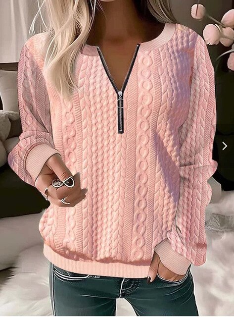 Damenpullover rosa, Zopfmuster, Reißverschluss, langärmelig, casual, Herbstmode.