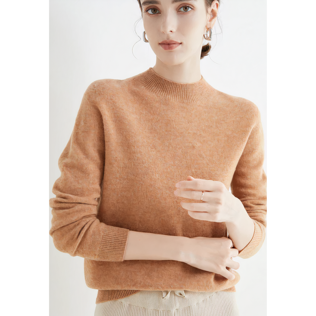 Damenpullover aus Kaschmir, beige, langärmelig, elegantes Design, Herbstmode, gemütlich.