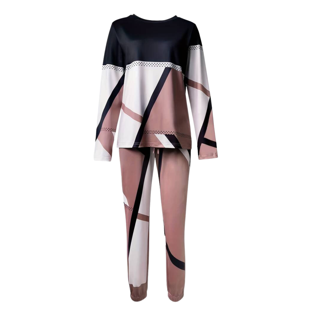 Damen Pyjama Set, geometrisches Muster, Langarm, rosa und schwarz, bequem, Nachtwäsche.