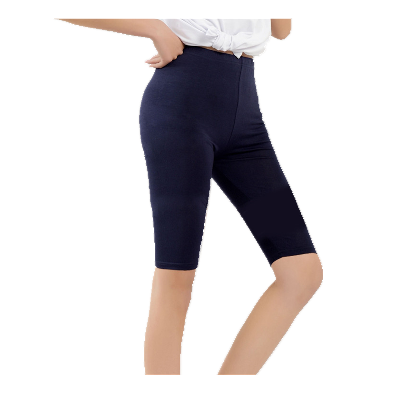 Dunkelblaue Damen-Radlerhose, knielang, elastisch, ideal für Sport und Freizeit.