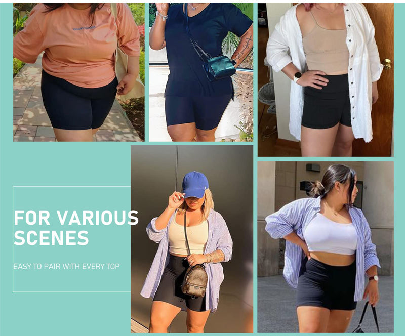 Frauen in schwarzen Radlerhosen, kombiniert mit verschiedenen Oberteilen, für vielseitige Looks.
