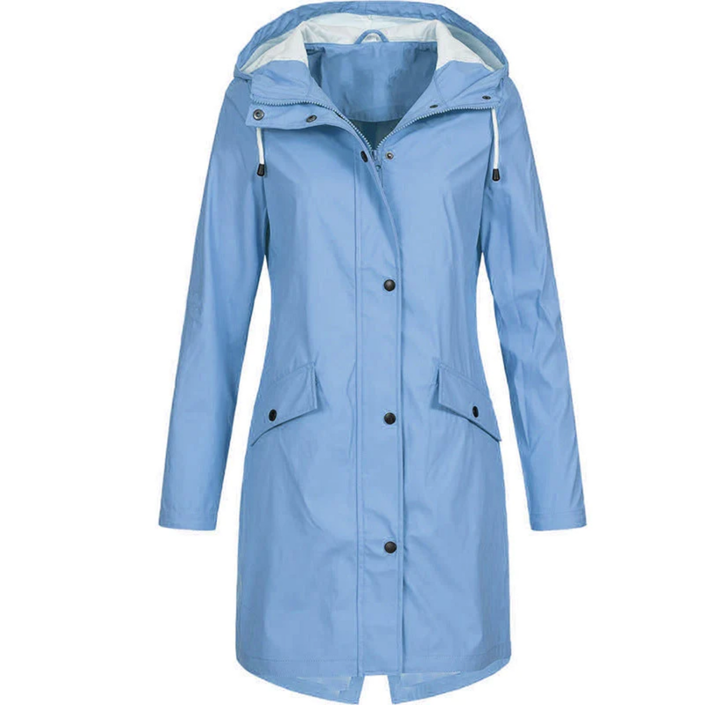 Damen Regenjacke blau, wasserdicht, Kapuze, Outdoor-Bekleidung, modisch, funktional.
