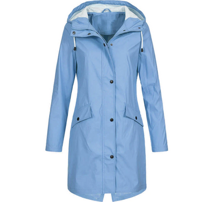 Damen Regenjacke blau, wasserdicht, Kapuze, Outdoor-Bekleidung, modisch, funktional.