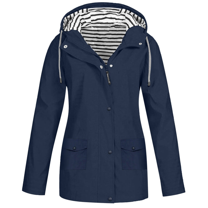 Damen Regenjacke blau, wasserdicht, Kapuze, gestreiftes Innenfutter, Outdoor-Bekleidung.