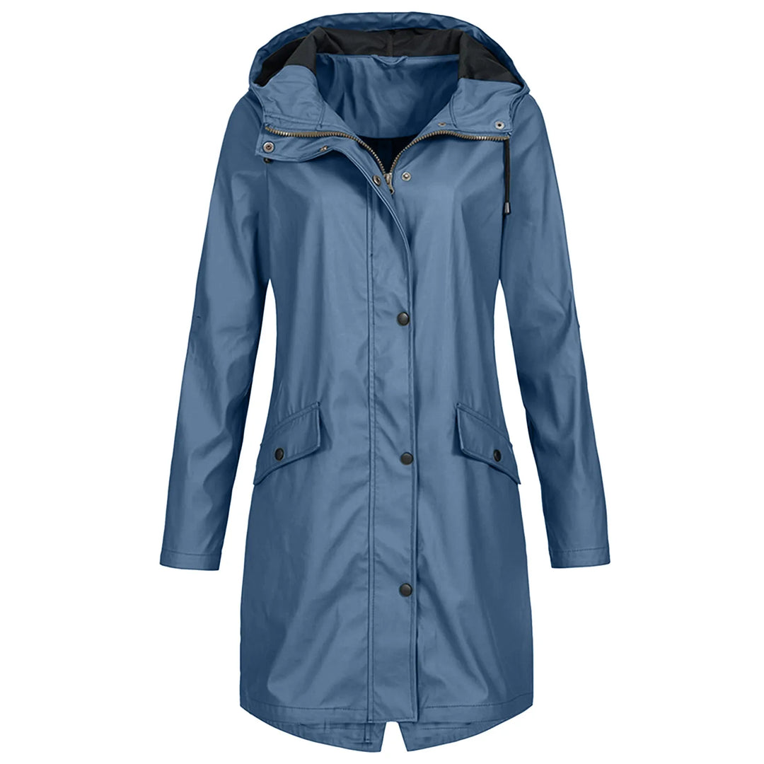 Blaue Damen-Regenjacke mit Kapuze, wasserdicht, lang, ideal für Outdoor-Aktivitäten.