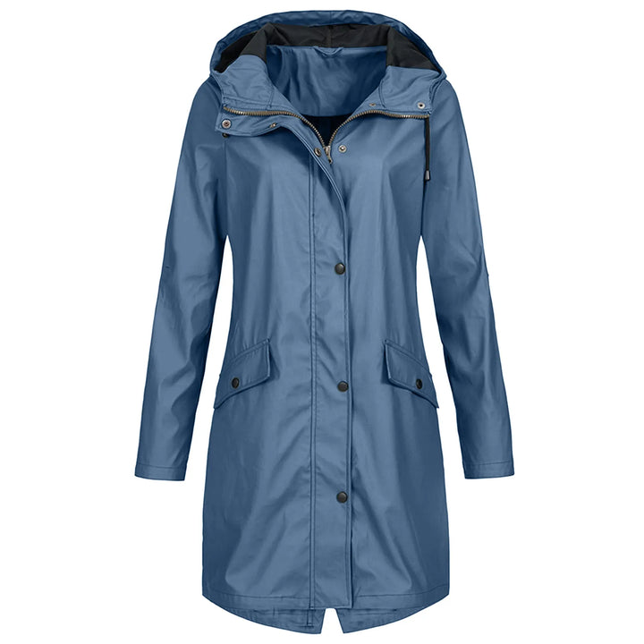 Blaue Damen-Regenjacke mit Kapuze, wasserdicht, lang, ideal für Outdoor-Aktivitäten.