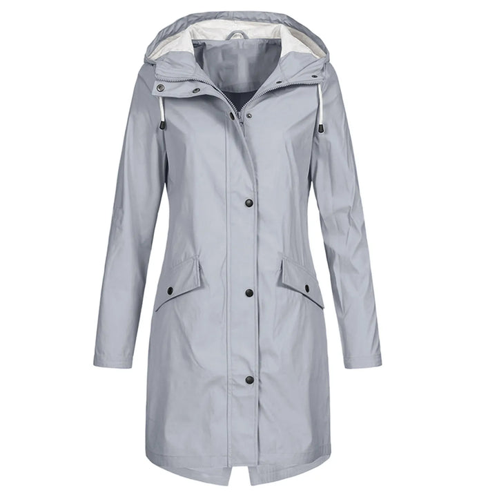 Damen Regenmantel grau, wasserdicht, Kapuze, Taschen, Outdoor-Bekleidung, modisch.