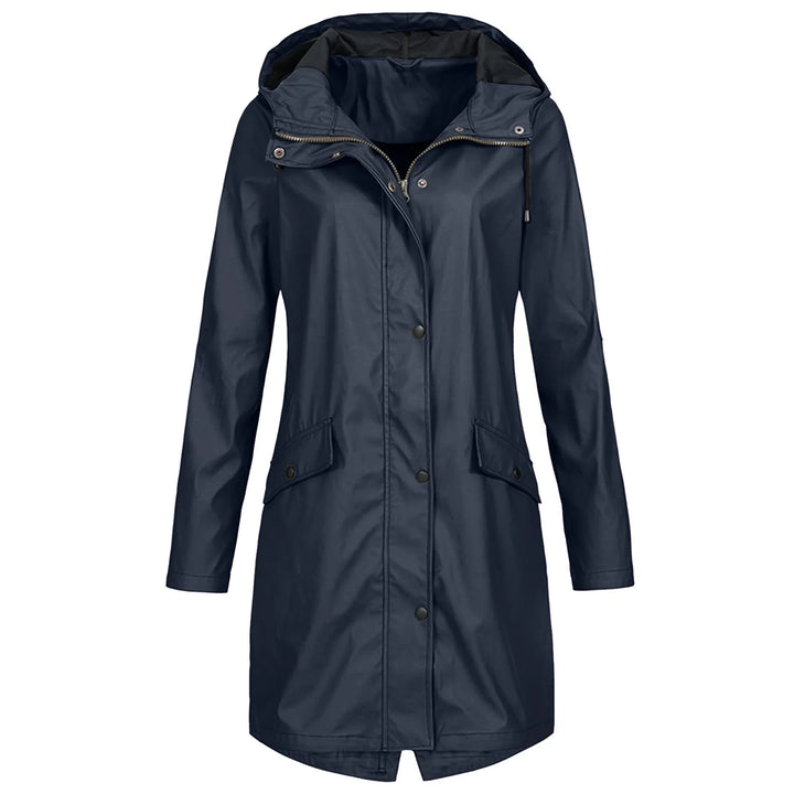 Damen Regenmantel, dunkelblau, wasserdicht, Kapuze, Outdoor-Bekleidung, modisch, funktional.