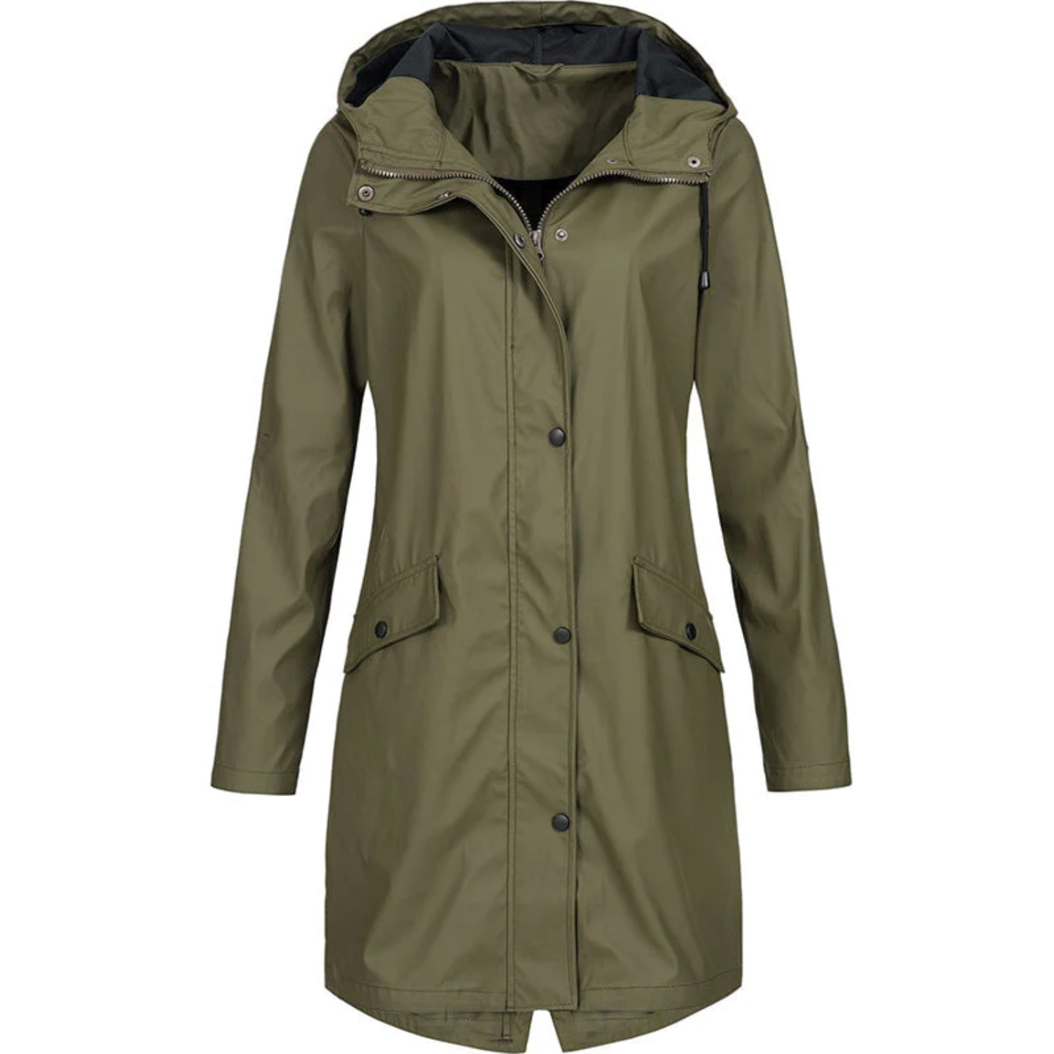 Damen-Regenjacke, olivgrün, wasserdicht, Kapuze, Taschen, Outdoor-Bekleidung.