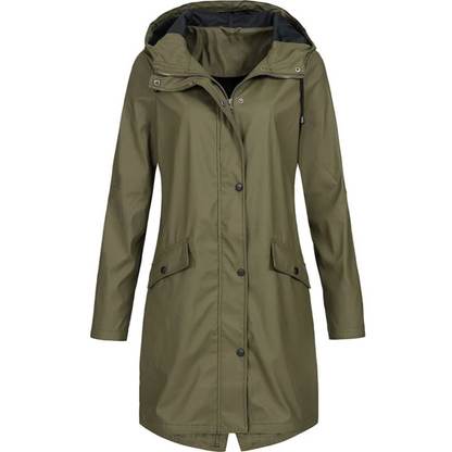Damen-Regenjacke, olivgrün, wasserdicht, Kapuze, Taschen, Outdoor-Bekleidung.