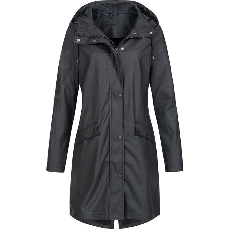 Damen Regenmantel schwarz, wasserdicht, Kapuze, Outdoor-Bekleidung, modisch, funktional.