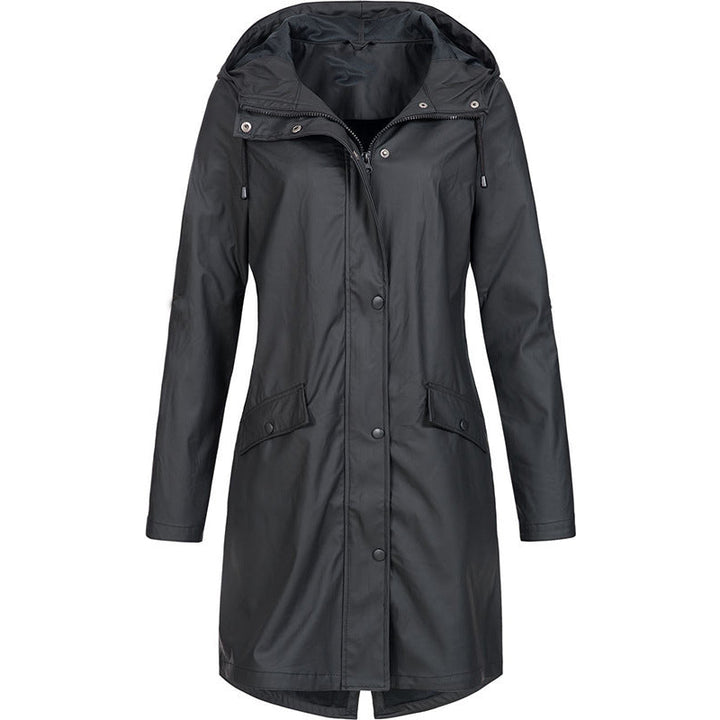 Damen Regenmantel schwarz, wasserdicht, Kapuze, Outdoor-Bekleidung, modisch, funktional.