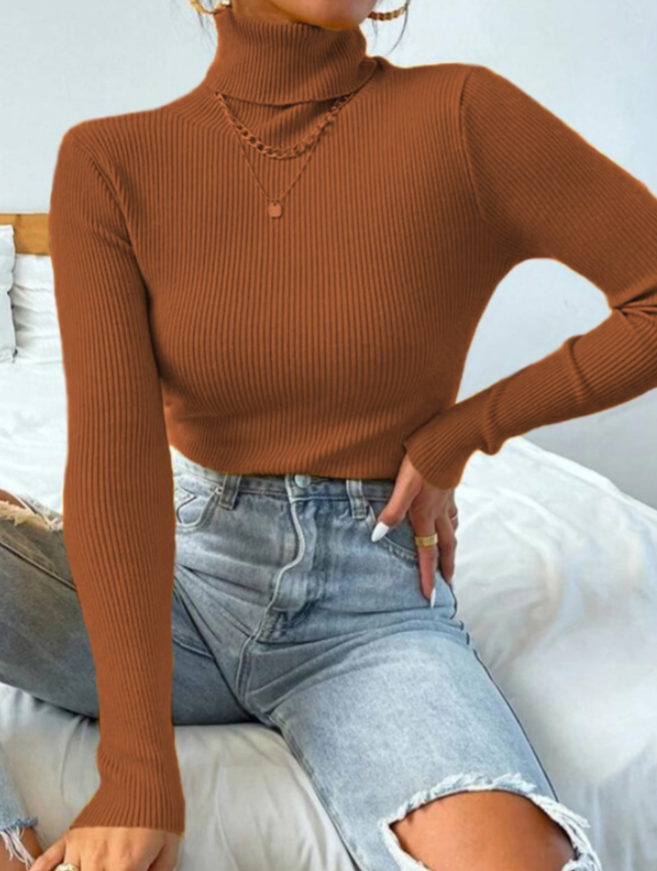 Brauner Rollkragenpullover Damen, gerippt, langärmelig, modisch, bequem, Herbstmode.