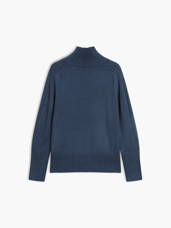 Dunkelblauer Rollkragenpullover aus Wolle, langärmelig, gerippt, für Herrenmode.