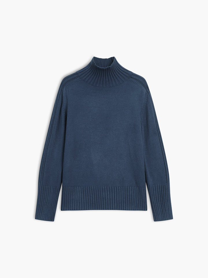 Dunkelblauer Rollkragenpullover aus Wolle, langärmelig, für Damen, elegantes Design.
