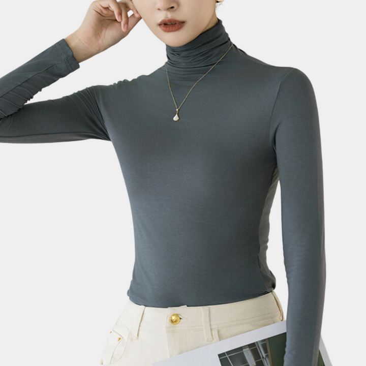 Damen Rollkragenpullover, dunkelgrau, langärmelig, elegantes Design, Herbstmode.