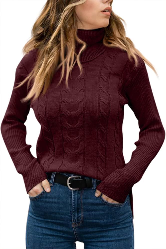 Damen Rollkragenpullover, weinrot, Zopfmuster, Strick, Herbstmode, elegant, warm, bequem.