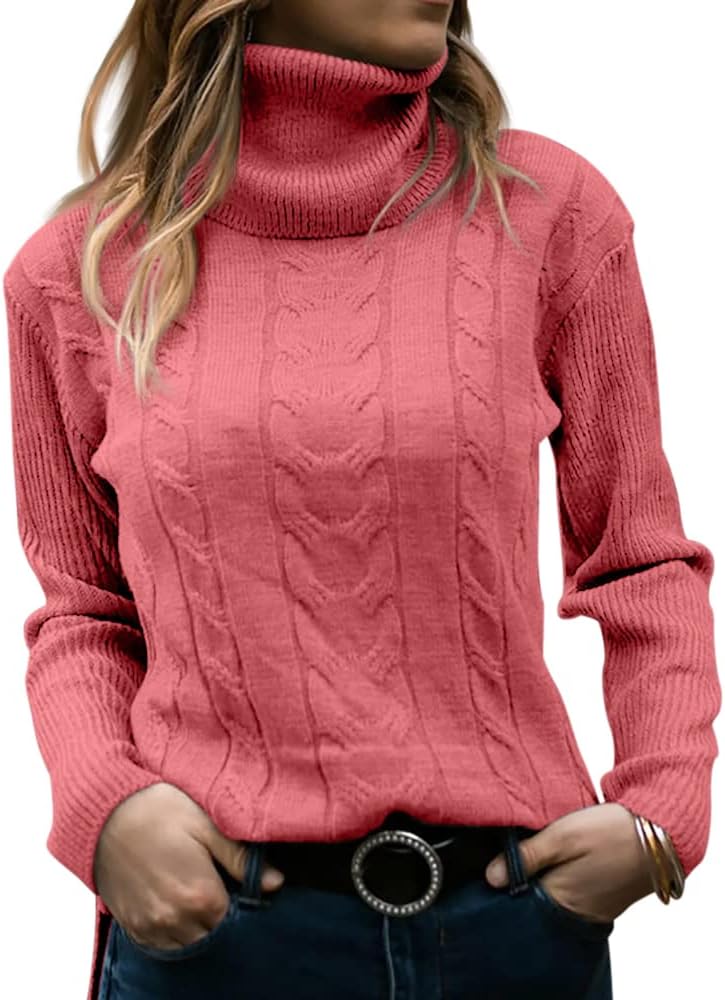 Damen Rollkragenpullover, rosa, Zopfmuster, Strick, langärmelig, modisch, Winterkleidung.