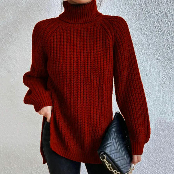 Damen Rollkragenpullover, rot, Strick, langärmelig, seitlicher Schlitz, Wintermode.