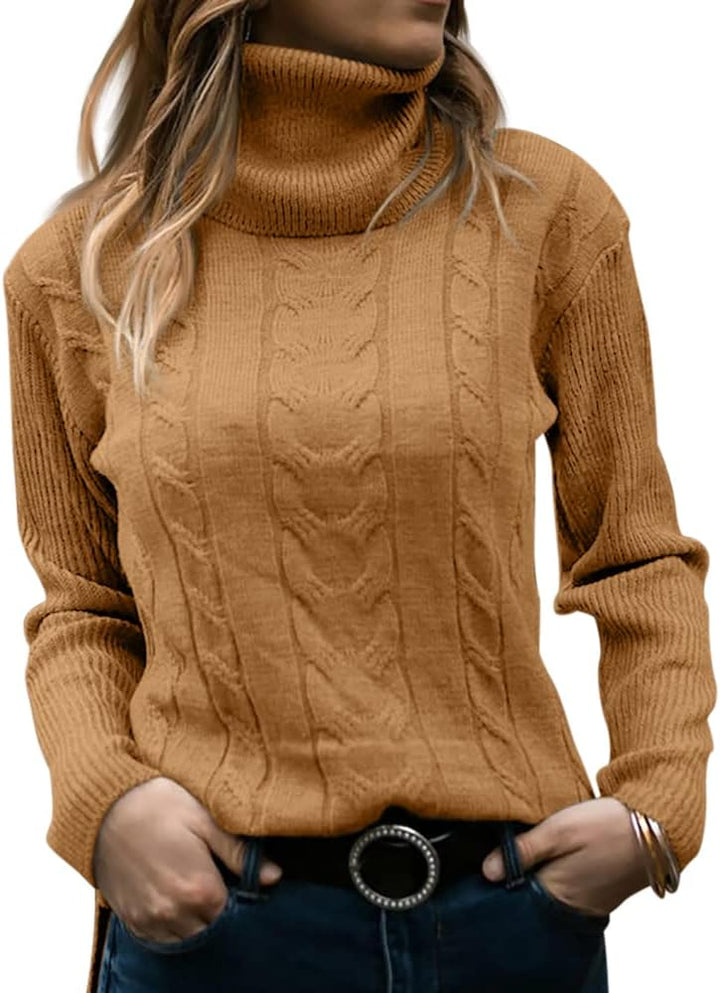 Damen Rollkragenpullover, braun, Zopfmuster, Strick, Herbstmode, lässig, warm, elegant.