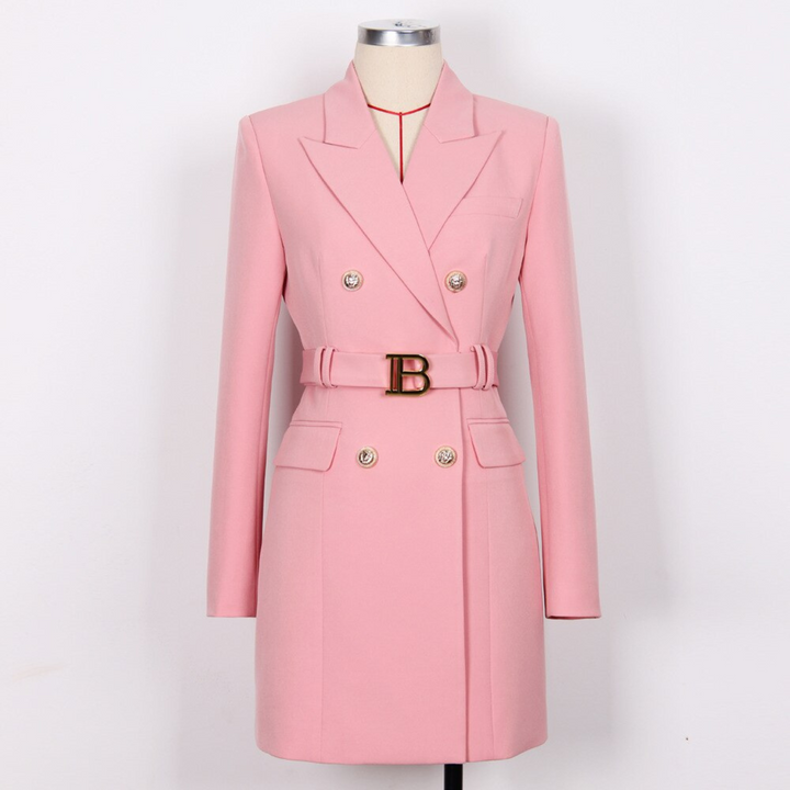 Rosa Damenblazer mit Gürtel, doppelreihig, elegantes Design, Mode für Büro und Freizeit.