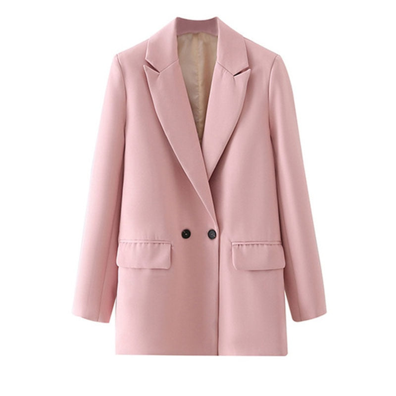 Rosa Damenblazer, eleganter Zweireiher, modische Jacke, Büro-Outfit, Herbstmode.