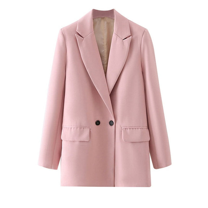 Rosa Damenblazer, eleganter Zweireiher, modische Jacke, Büro-Outfit, Herbstmode.