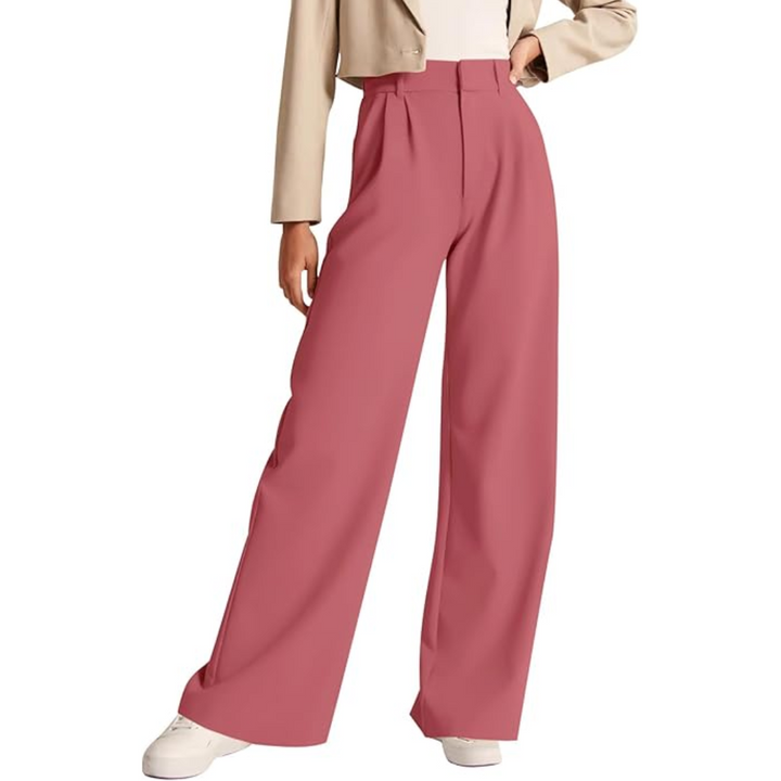 Damenhose rosa, weites Bein, elegant, modisch, Freizeitkleidung, Herbstmode, Büro-Outfit.