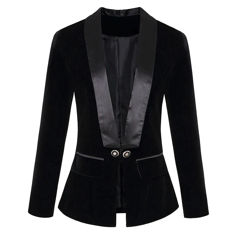 Schwarzer Damen-Samtblazer, lange Ärmel, Designer, 2024, eleganter Look, modische Jacke.