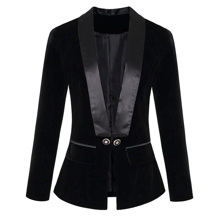 Schwarzer Damen-Samtblazer, lange Ärmel, Designer, 2024, eleganter Look, modische Jacke.