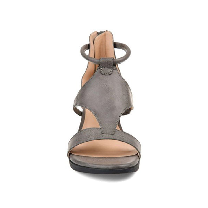 Graue Damen-Sandale aus Leder, offener Zeh, elegantes Design, ideal für Sommermode.