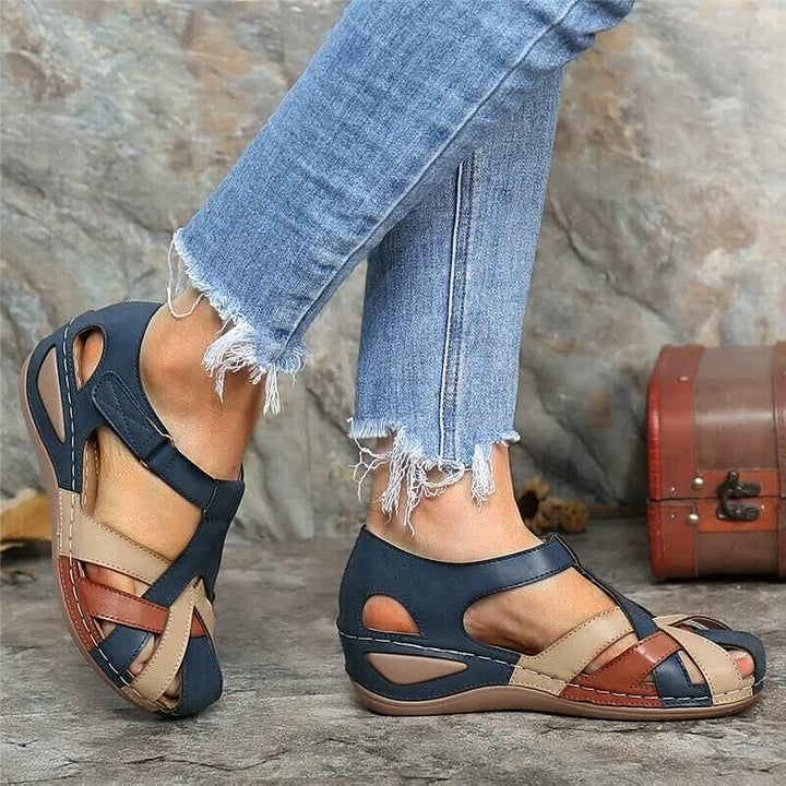 Damen Sandalen, blau-braun, Keilabsatz, Leder, bequem, Sommermode, lässig, Outdoor-Schuhe.