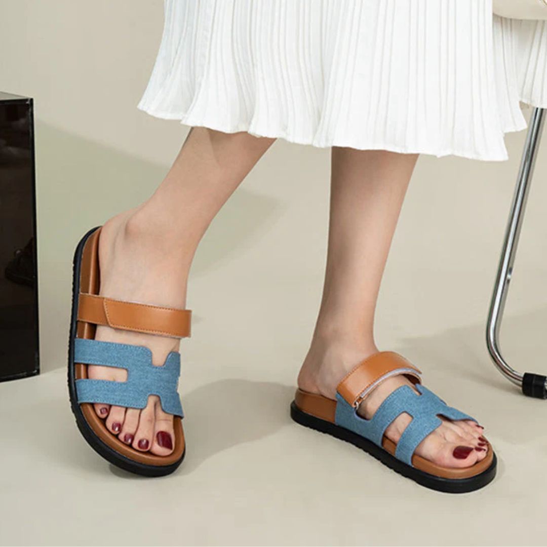 Damen Sandalen blau braun, bequem, modisch, Sommer, rutschfest, Freizeit, elegant, Lederoptik