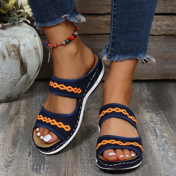 Damen Sandalen blau orange, bequem, Sommer, Freizeit, modisch, mit Perlenarmband, Jeans.