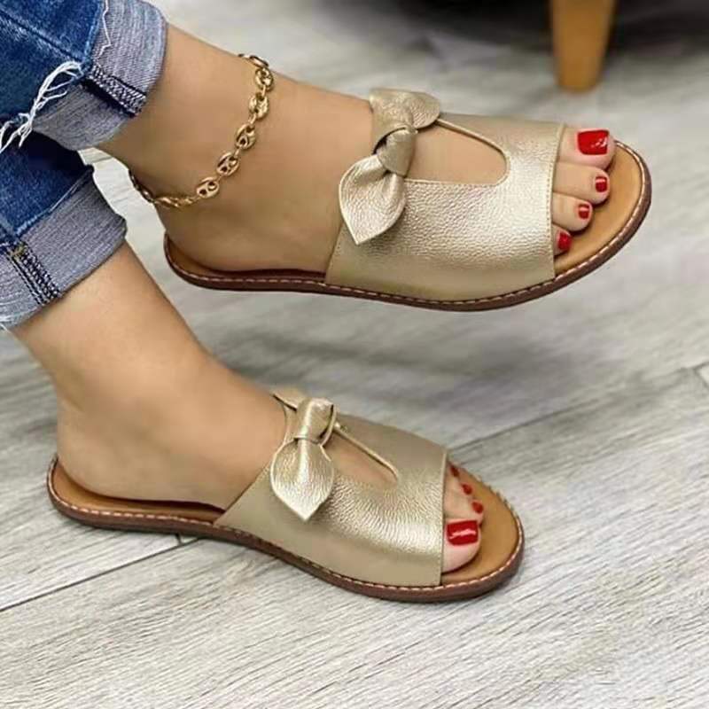 Goldene Damen-Sandalen mit Schleife, offenes Design, lässig, bequem, Sommermode.