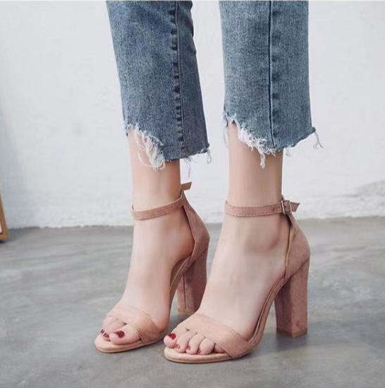 Damen Sandalen mit Blockabsatz, rosa Wildleder, Knöchelriemen, modisch, elegant, Sommermode.