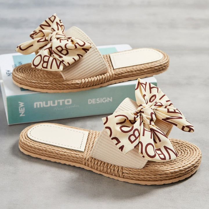 Beige Sandalen mit Schleife, Rattan-Sohle, Damenmode, Sommerschuhe, stilvoll, bequem