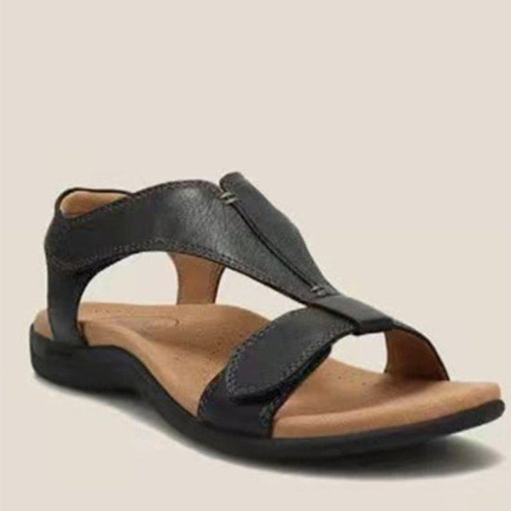 Schwarze Ledersandale für Damen, bequem, modisch, Sommerschuh, flach, rutschfest.