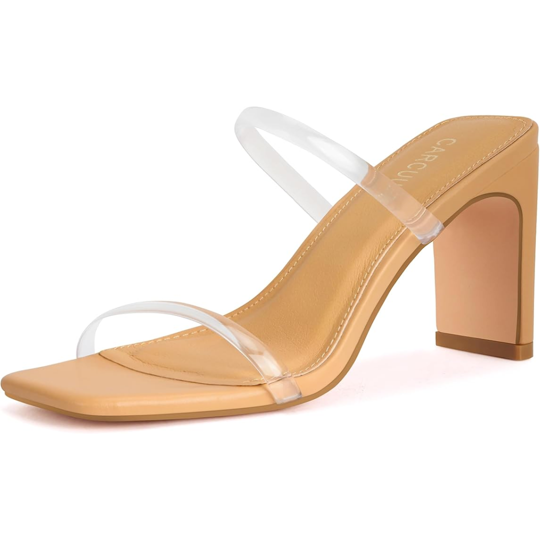 Beiger Damen-High-Heel mit transparenten Riemen, eleganter Absatzschuh, modisch.