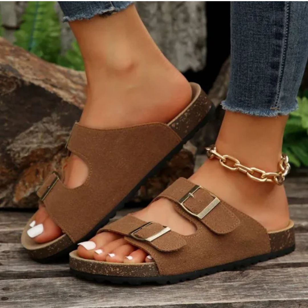 Braune Damen-Sandalen mit Schnallen, Korksohle, lässig, bequem, modisch, Outdoor-Schuhe.