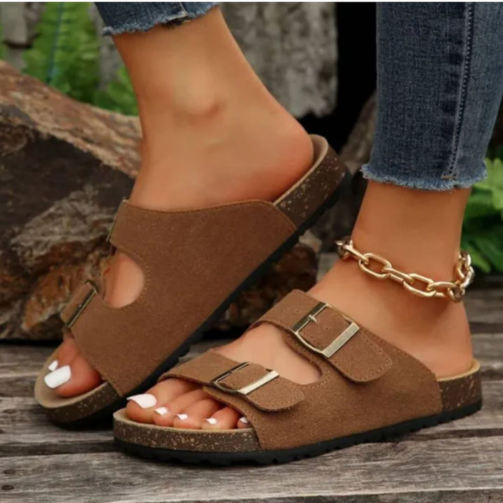 Braune Damen-Sandalen mit Schnallen, Korksohle, lässig, bequem, modisch, Outdoor-Schuhe.