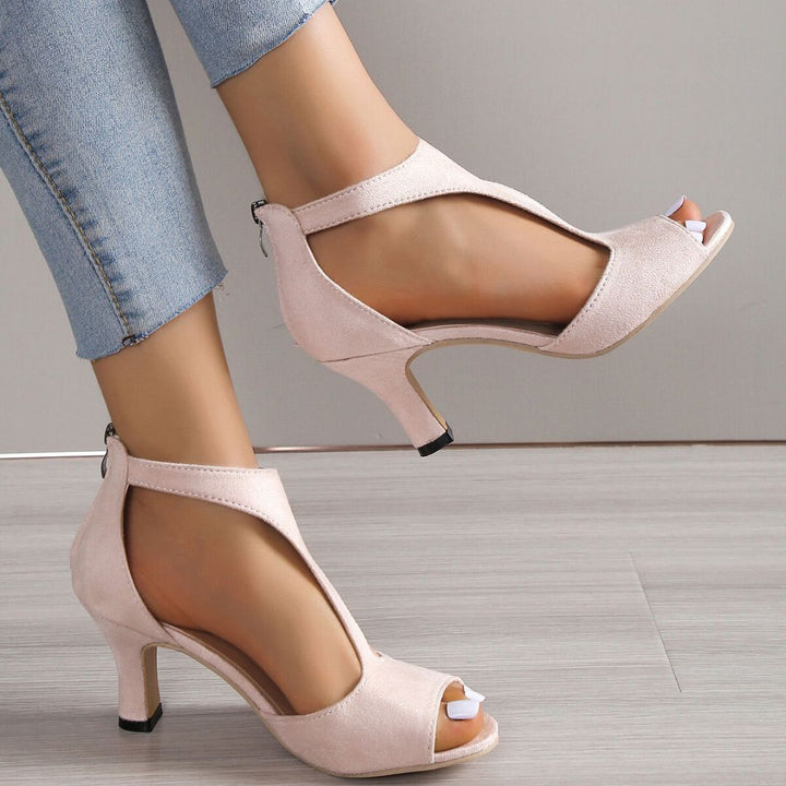 Damen Sandaletten, rosa, Wildleder, Stiletto-Absatz, elegant, Sommermode, offene Zehen.