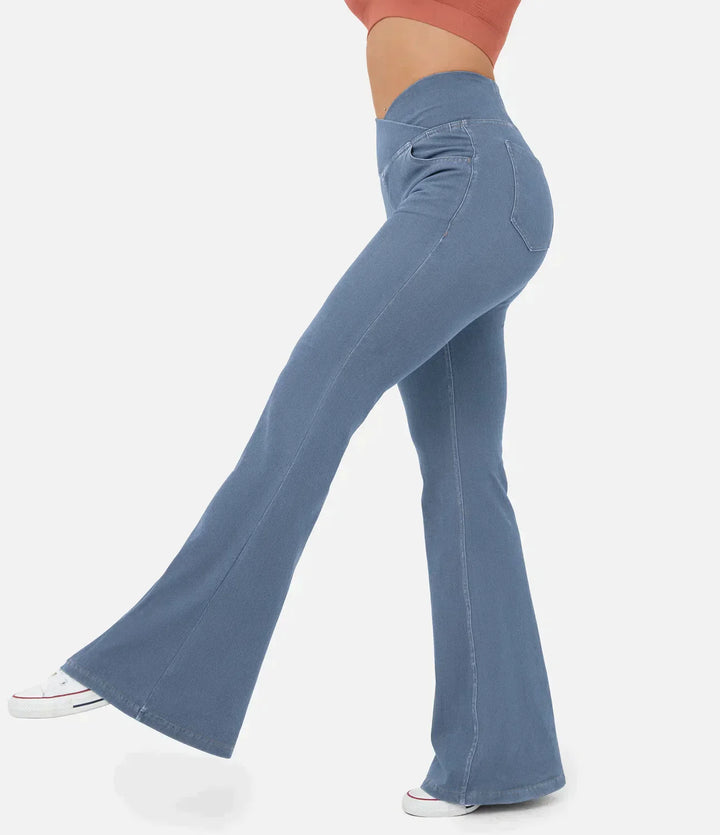 Damen Schlaghose blau, hohe Taille, elastisch, bequem, modisch, Freizeitkleidung.