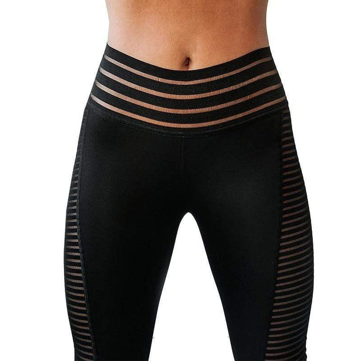 Damen-Sportleggings, schwarz, hoher Bund, Streifenmuster, figurformend, Fitnessbekleidung