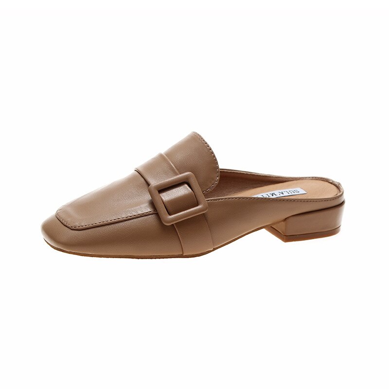 Damen Loafer Mule, braun, Leder, mit Schnalle, flacher Absatz, eleganter Freizeitschuh.