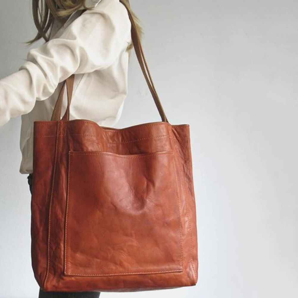 Damen Schultertasche aus weichem PU-Leder, braun, Vintage-Stil, große Handtasche, modisch.