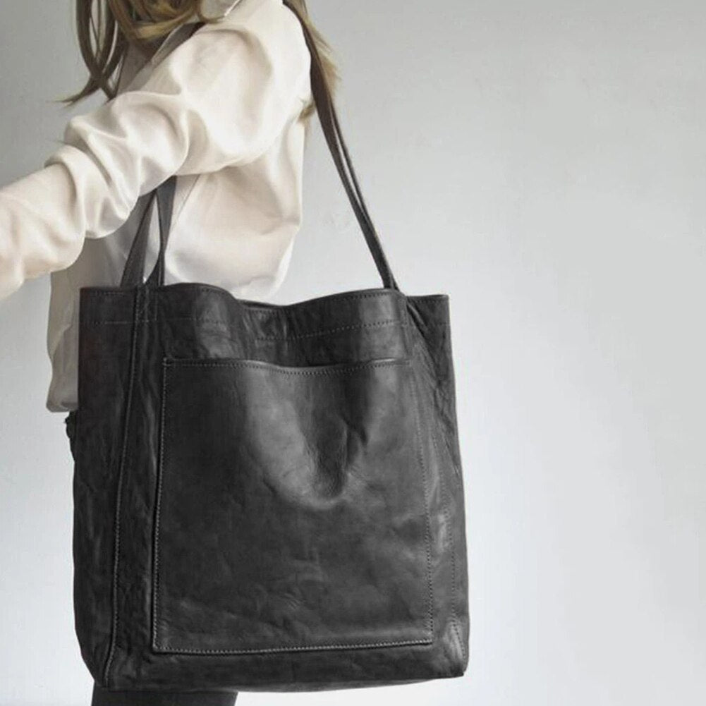 Damen Schultertasche aus weichem PU-Leder, schwarz, Vintage-Stil, große Handtasche.