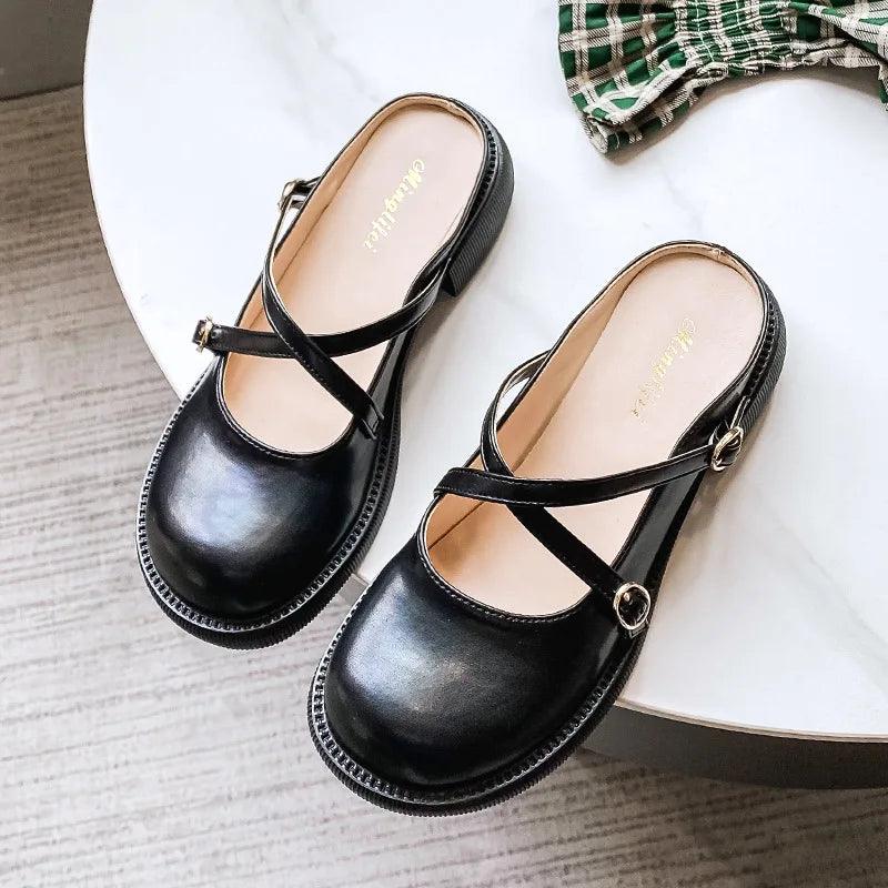 Schwarze Damen-Lederslipper, stilvolle Mules, bequem, modisch, Freizeit, rutschfest.