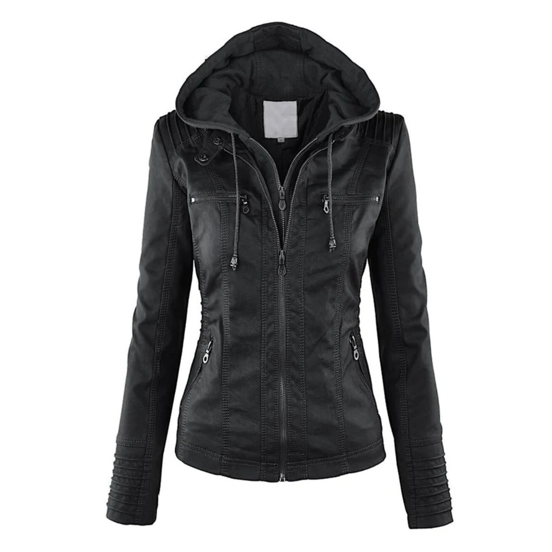 Damen Lederjacke schwarz mit Kapuze, Reißverschlüsse, modisch, Herbstbekleidung, elegant.
